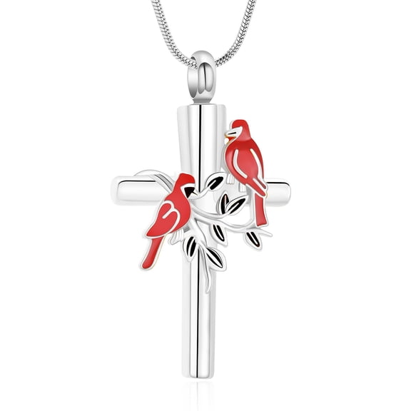Cross Urn Necklace for Ashes With Red Cardinal Cremation Ashes Necklace Human/Pet Memorial Keepsake Ashes Urn Jewelry