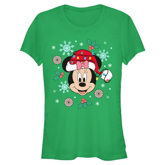 Juniors Minnie Mouse Christmas Snowflakes and Ornaments T Shirt