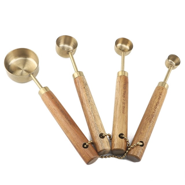Goodhd Measuring Spoons Set Wood Handle Stainless Steel Measuring Scoop Baking Tool