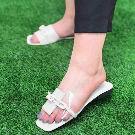 

HIBRO Women s Fashion Solid Color Buckle Transparent Belt Casual Flat Slippers