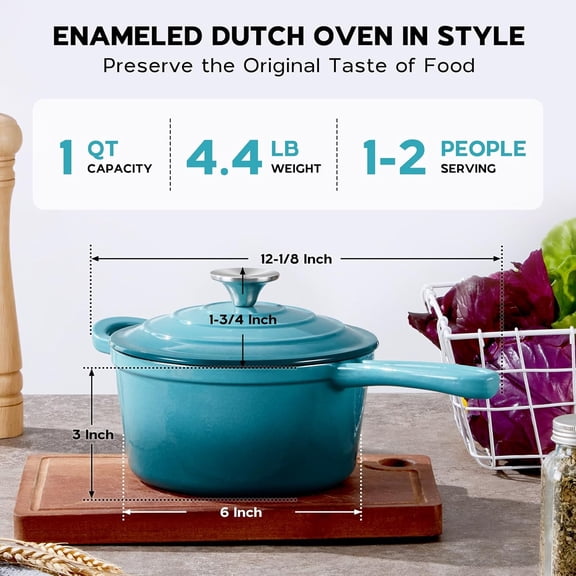 1QT Enameled Cast Iron Saucepan with Lid - Dark Cyan Nonstick Heavy Duty Pot for Stovetop Cooking