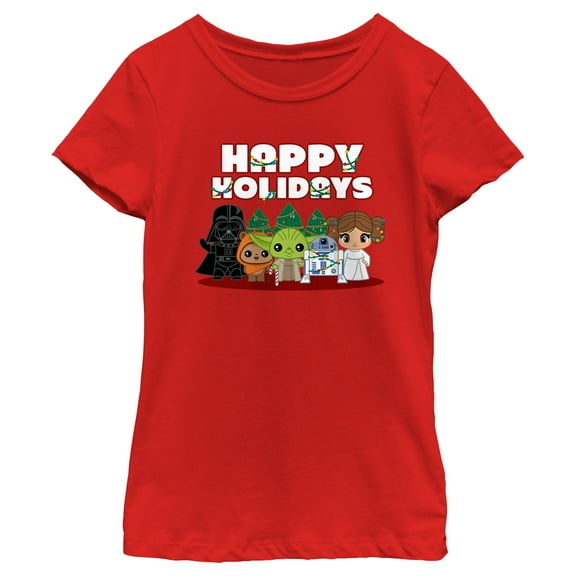 Girl's Star Wars Happy Holidays Chibi Characters Graphic Tee Red Large