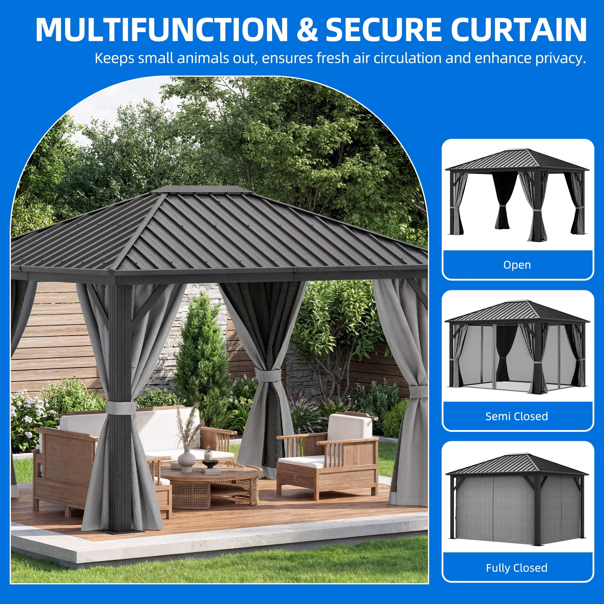 Dextrus 10x12FT Hardtop Gazebo with Nettings&Curtains,Outdoor Galvanized Steel Hardtop for Patio, Backyard, Deck, and Lawns -Grey