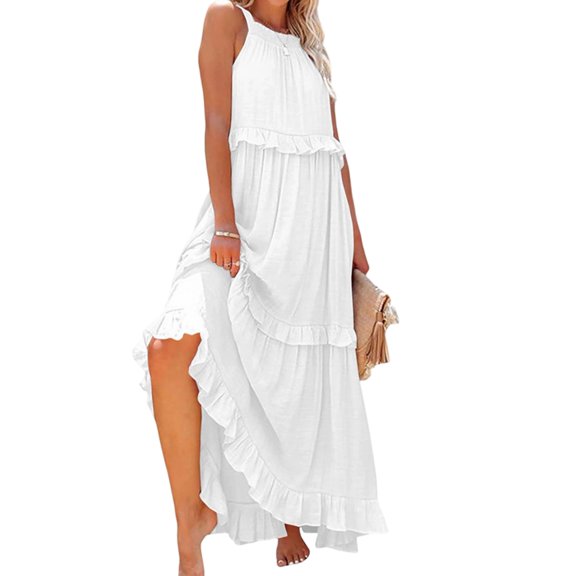 Women's Resort Style Ruffled Long Dress Round Neck Sleeveless Flowy Beach Dress with Pockets White Garibou S