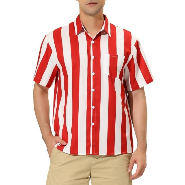 INSPIRE CHIC Men's Striped Short Sleeves Shirts Button Down Print Hawaiian Shirt S Red White