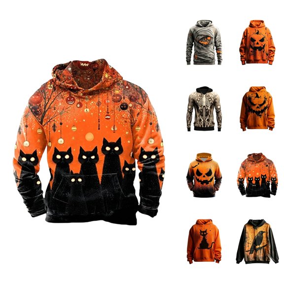 Halloween Hoodie for Kids Ghost Cat Print Warm Lining Pullover Hoodie 3-12 Years