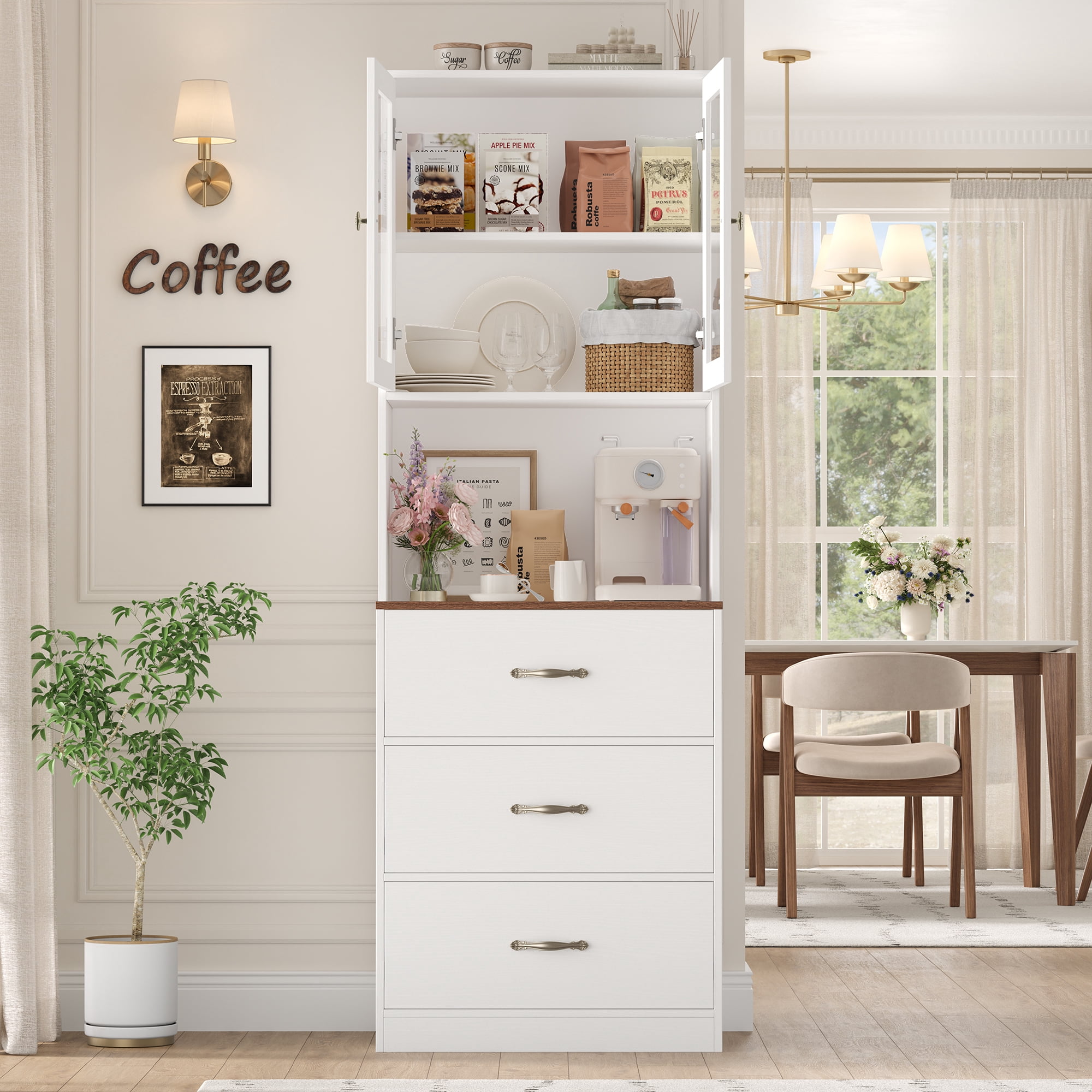 Homfa 71" Tall Kitchen Pantry Cabinet, Freestanding Storage Cupboard with Glass Doors, 3 Drawers & Adjustable Shelves, Modern Coffee Bar Cabinet for Kitchen Dining Room Living Room, White Oak