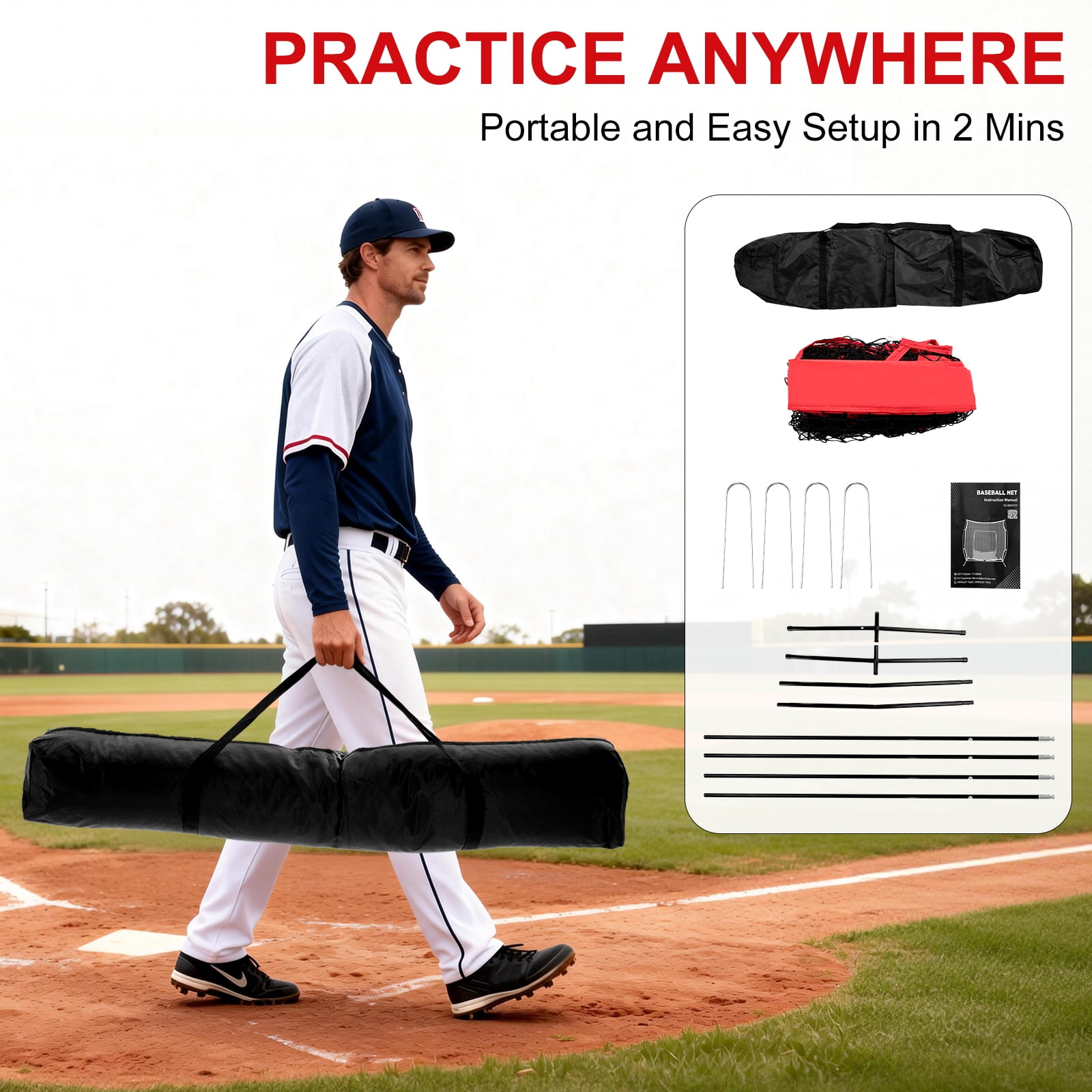 JIOABL 7 ft x 7 ft Baseball & Softball Practice Net with Bow Frame, Carry Bag & Strike Zone Target, for Hitting Pitching, Red