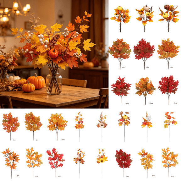 CuiLiyq Fall Pumpkin Berry Maple Leaf Floral Stems, Artificial Autumn Harvest Foliage Picks, Vase Filler Table Centerpiece, Thanksgiving Kitchen Decor, Farmhouse Bouquet Supply