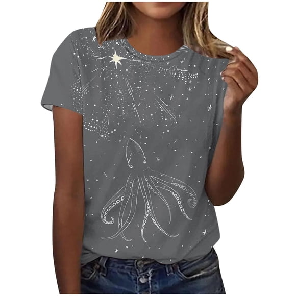 Tops de Ajuste Suelto para las Mujeres Sudadera Casual Impresa Manga Corta Cuello Redondo Superior, Poliéster