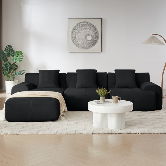 Leumius 113" L-Shaped Modular Sectional Sofa,Corduroy Fabric Upholstered 3 Seater Couch with Deep Seat and Movable Ottoman,No Assembly,Black