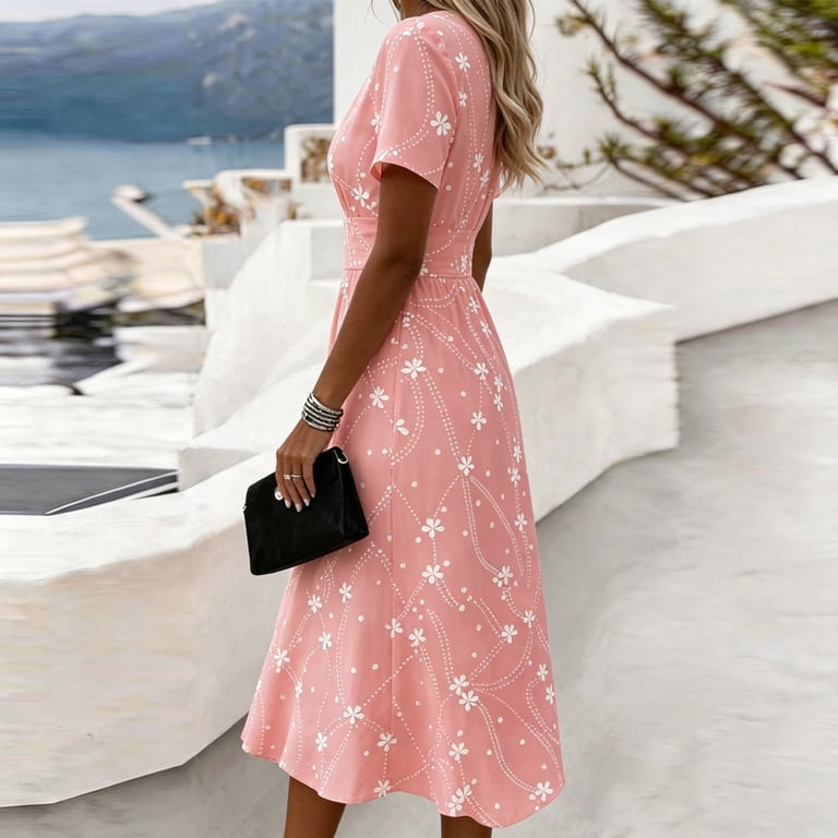 short sleeve spring midi dress Bxsruta Women Floral Print Wrap V Neck Midi Dress Short Sleeve A Line Casual Flowy Pull on Dress for Work Party Office Spring Summer Comfortable