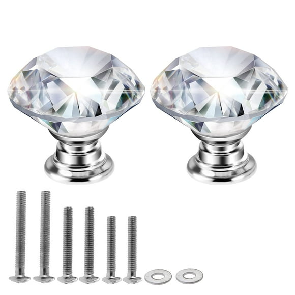 Mtsooning 2PCS Diamond Glass Knob, 30mm/1.18" Clear Shaped Crystal Pull with 3 Size Screws for Closet Cabinet Drawer Dresser Kitchen Wardrobe Handles