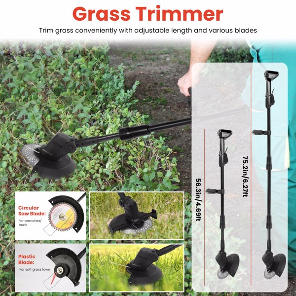 Olurrisa 3-in-1 Cordless Electric Pole Saw & Mini Chainsaw & Grass Trimmer Kit with Adjustable Length 2Pcs 21V 1500mAh Batteries 4in/6in , Safety Switch + Gloves/Goggle for Yard/Garden