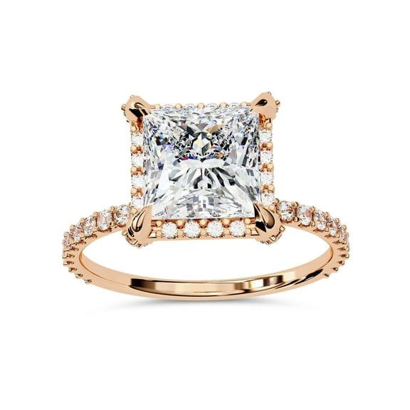 IGI Certified Lab Grown Diamond Halo Solitaire Engagement Rings for Women, Center 7mm Princess Cut Half Eternity Wedding Rings In 18K Solid Rose Gold F-G, VS-SI Quality (2.50 Cttw) Ring Size-9.5