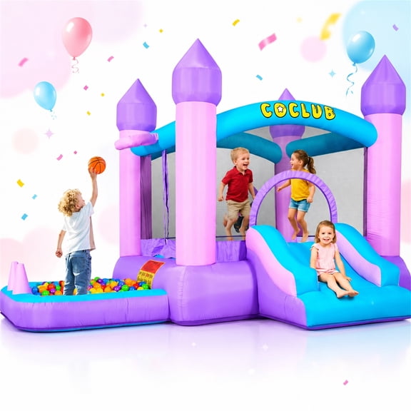 Inflatable Bounce House with Blower for Kids 3-8, 6-IN-1 Toddler Colorful Castle Bouncy House with Slide, Ball Pit for Home Backyard