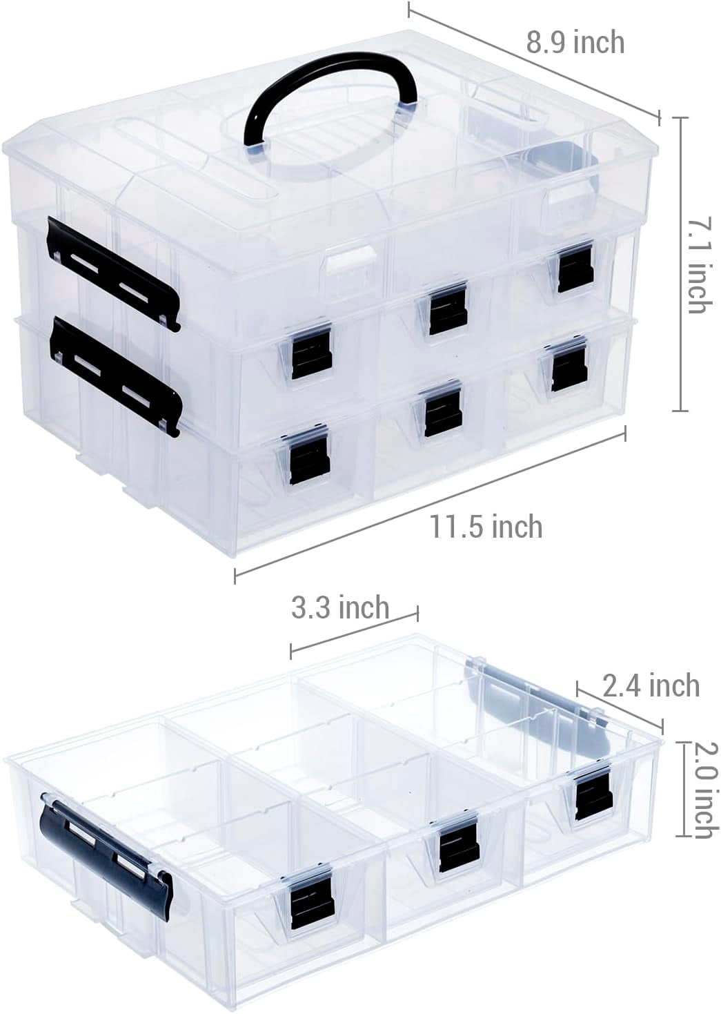 Clear Plastic Storage Box Container, Arts and Crafts Sewing Supplies Organizer Case with Black Accents, 24 Customizable Compartments, and 6 Drawers with Removable Dividers