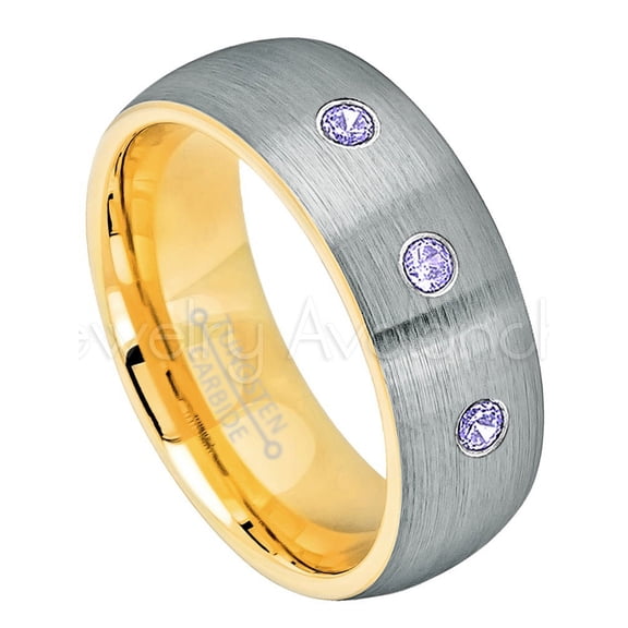 2-Tone Dome Yellow Gold Plated Inner Tungsten Ring - 0.21ctw Tanzanite 3-stone Band - Personalized Tungsten Wedding Ring - Custom Made December Birthstone Ring TN738BS