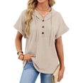 thumbnail image 1 of Women Summer Tops Waffle Knit Short Sleeve Drawstring Hoodies Button V Neck Casual Blouses Shirts Color XL, 1 of 9