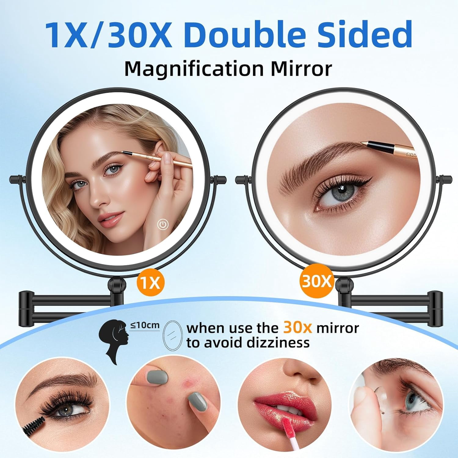 FUNTOUCH 9-inch 5000mAh Rechargeable Makeup Mirror with 1X/30X Magnification, Dimmable Razor Mirror in 3 Colors, Adjustable Height Makeup Mirror, 360° Rotatable, Wall Mirror for Bathroom and Hotel