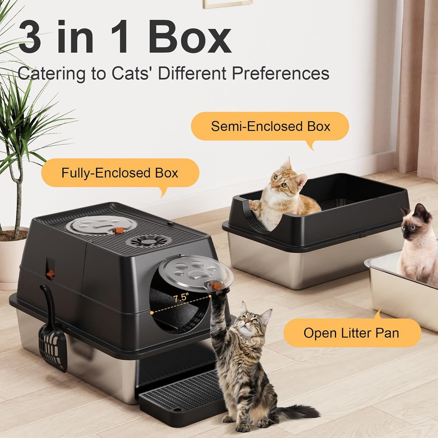 Stainless Steel Litter Box with Lid,  Flip-Top Extra Large Cat Litter Pan, Enclosed Metal Litter Box with Litter Scoop & Filter Pedal, Odor Free, Front & Top Dual Entry