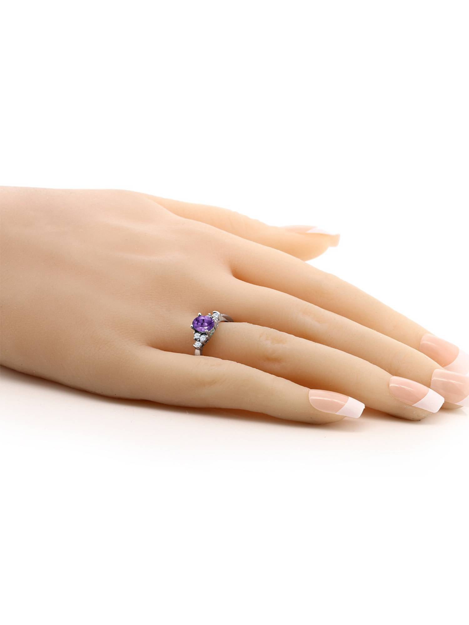 Gem Stone King 925 Sterling Silver Purple Amethyst and White Topaz Engagement Ring for Women (0.69 Cttw, Oval 6X4MM, Gemstone Birthstone, Available in Size 5, 6, 7, 8, 9)