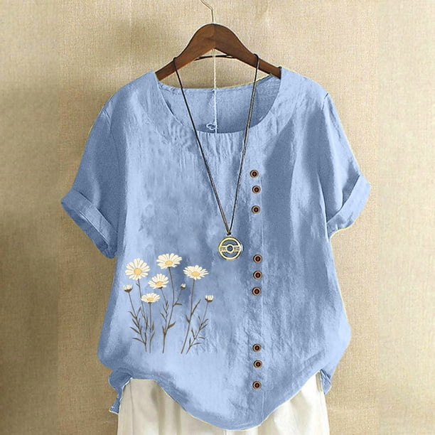 Puntoco Liquidación de blusas cortas para mujer Blusa informal y de lino con botones y manga corta estampada para mujer