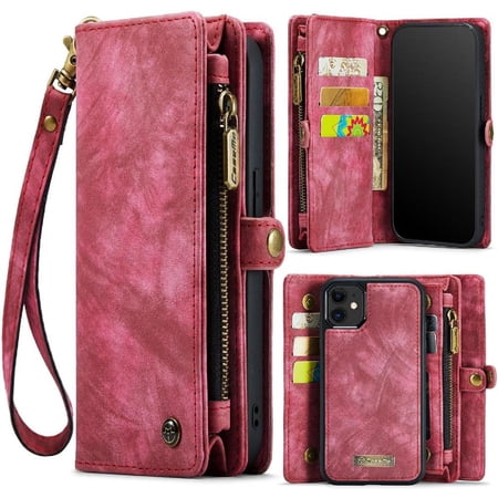 Case for iPhone 12 Mini Wallet Cover Trifold with Strong Magnetic Detachable Card Holder TPU PC Handmade Leather Zipper