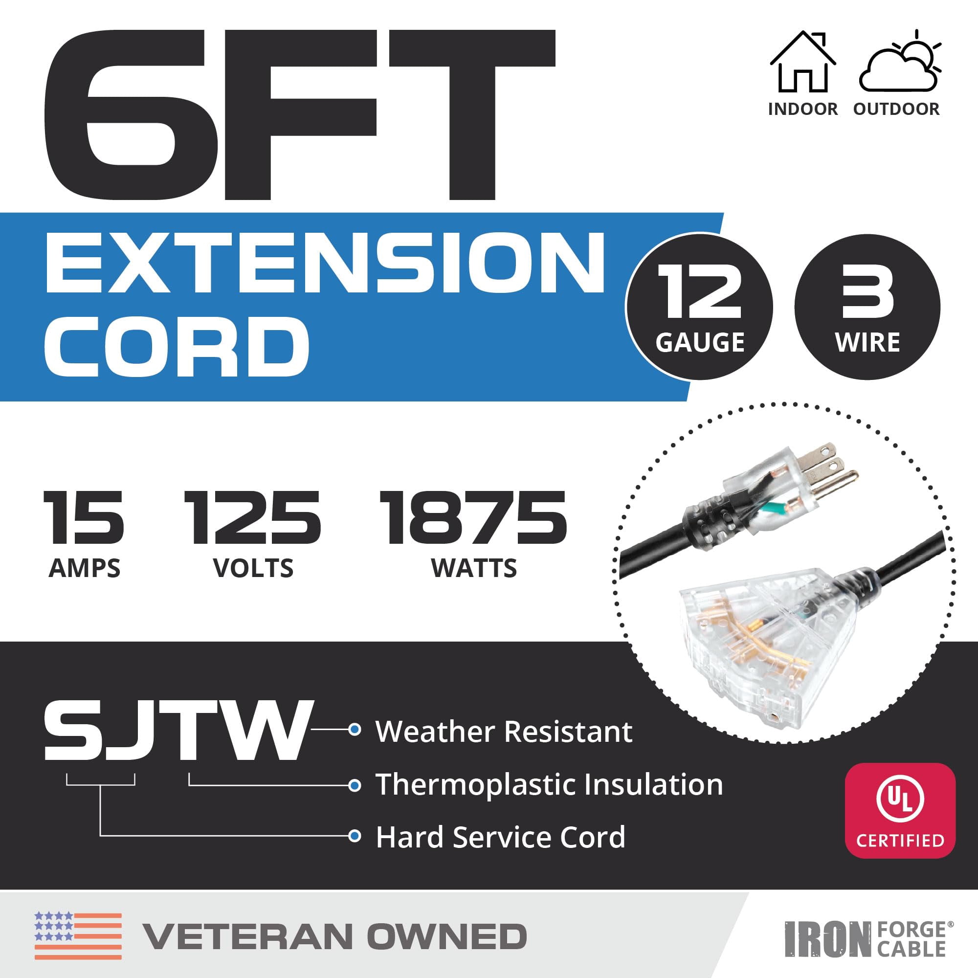 Iron Forge Cable 12 Gauge Extension Cord with Multiple Outlets - Black Heavy Duty Extension Cord 6 ft - 12/3 SJTOW, 3 Prong Lighted Outlet Cords