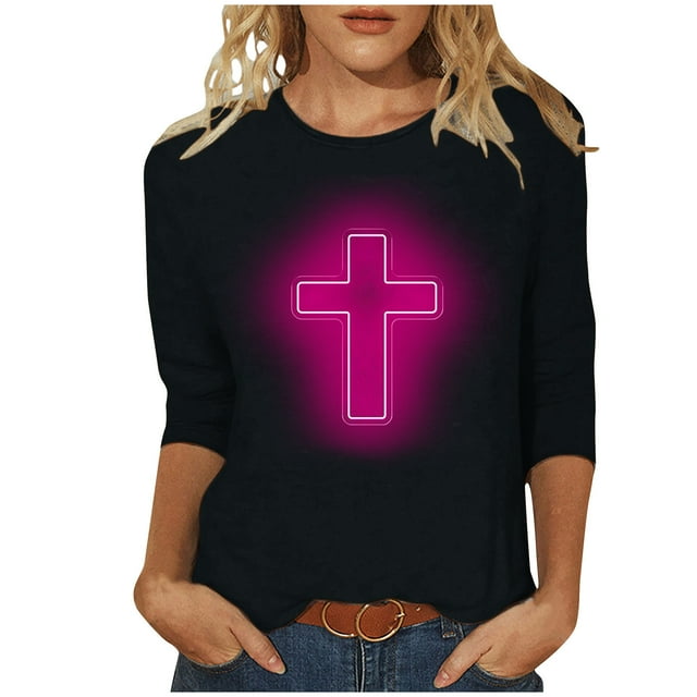 RKSTN Hauts pour Femmes Tendance Mode Décontractée Crucifix Imprimé Col Rond T-Shirt Manches 3/4 Couleur Unie Coupe Ajustée Blouse de Printemps Été Hauts