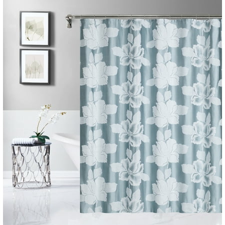 Dainty Home Floral Park 3D Floral Textured Weaved Lurex Floral Designed Fabric Shower Curtain 70"W x 72"L in Blue