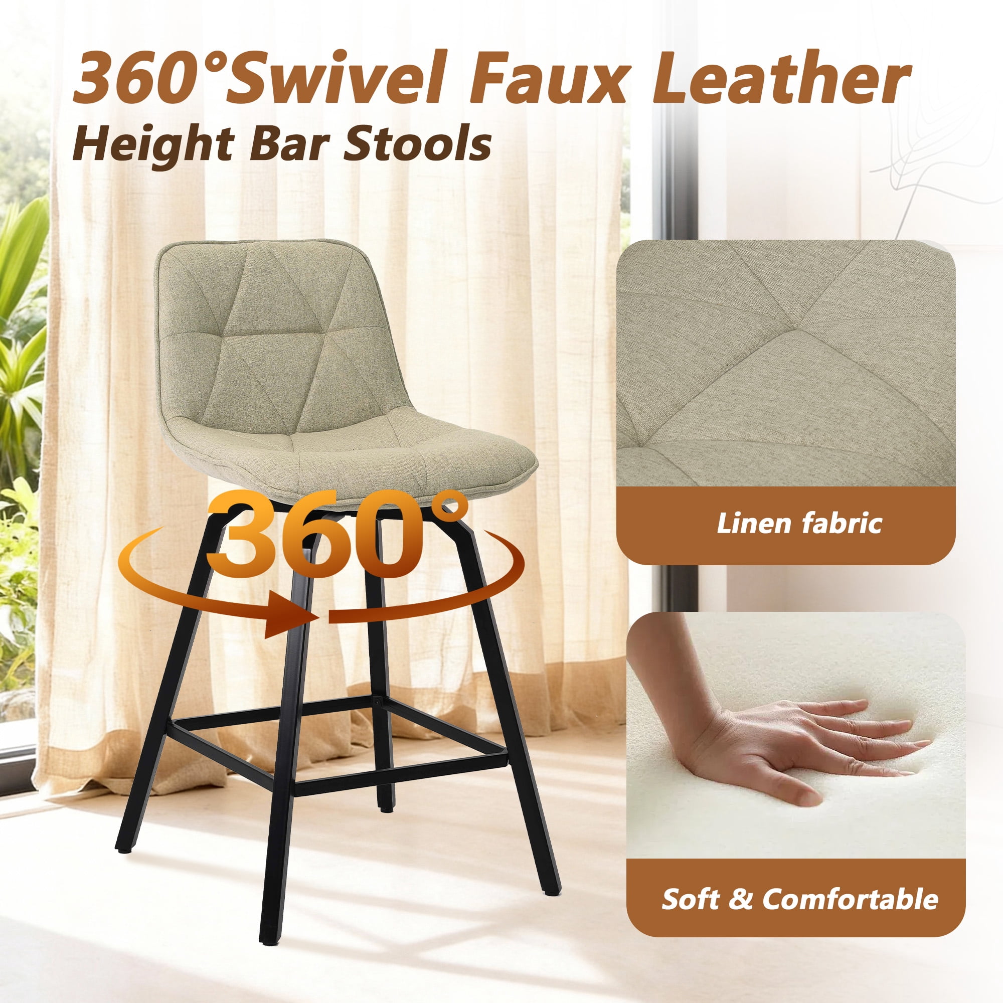 Fancrou 26″ Swivel Counter Height Bar Stools Set Of 3, Triangular Pattern Seat With Metal Legs And Back, Camel-Fabric