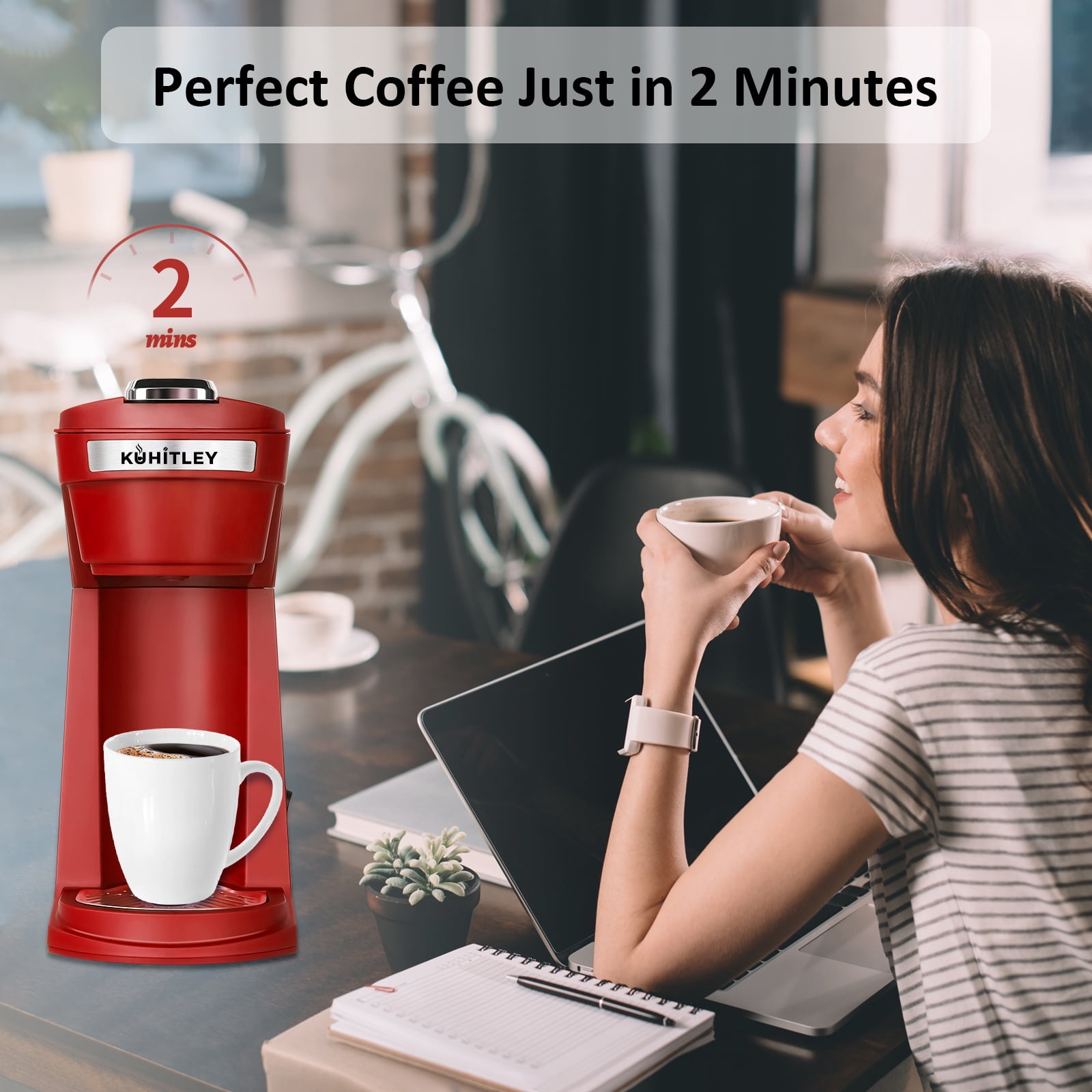 2 in 1 Single Serve Coffee Maker for K Cup Pods & Ground Coffee, Mini K Cup Coffee Machine with 6 to 14 oz Brew Sizes, Single Cup Coffee Brewer with One-Press Fast Brewing, Reusable Filters,Red