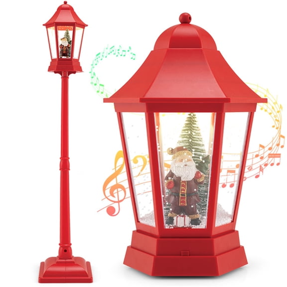YUNOVA 64" Christmas Streetlamp with Music and Lights, 60 LED Lantern with 8 Holiday Melodies, 2-in-1 Design for Indoor Outdoor Holiday Decor, Red Snow Globe Effect with Swirling Snow