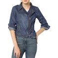 thumbnail image 1 of INSPIRE CHIC Juniors Notched Lapel Long Sleeves Asymmetric Zip Moto Denim Jacket, 1 of 6