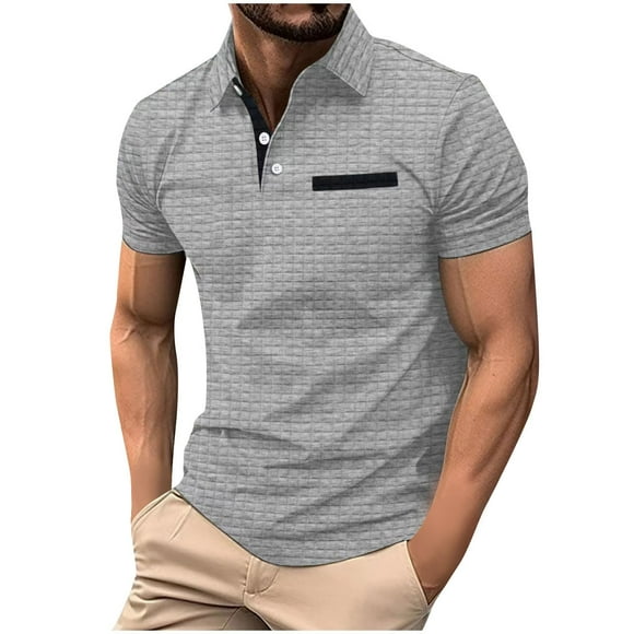 JURANMO Mens Waffle Soft Polo Shirts Short Sleeve Spread Collar T Shirt Slim Fit Stretchy Athletic Tees Golf T-shirt Deals of the Day Gray XXL