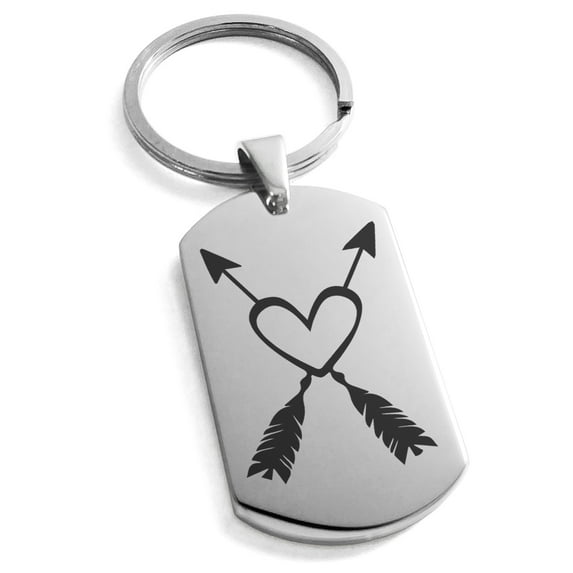 Stainless Steel Heart + Arrows Engraved Dog Tag Keychain Keyring
