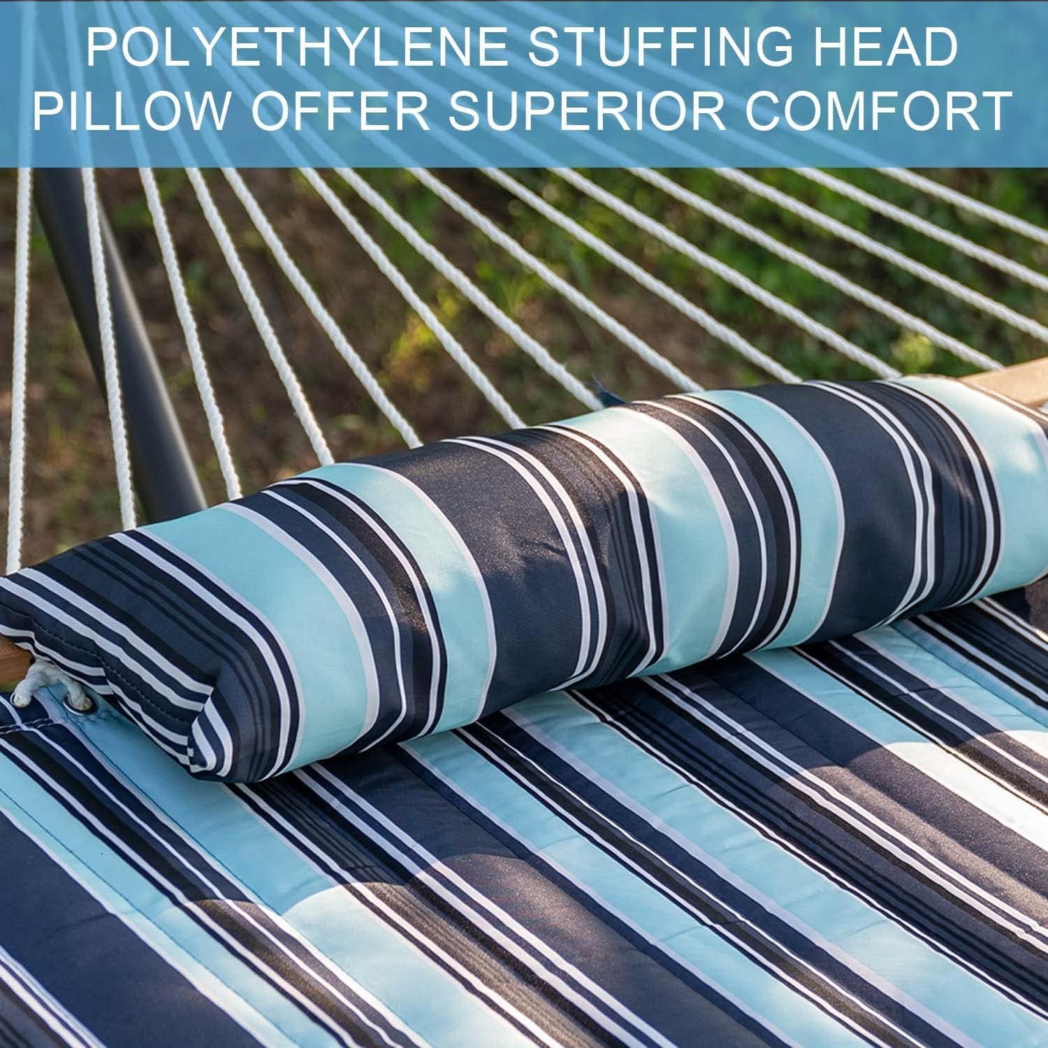 12 Ft Quilted Fabric Double Hammock With Spreader Bars And Detachable Pillow  450lbs Weight Capacity