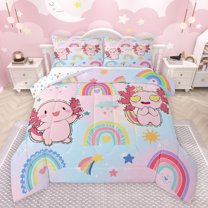 Feelyou Cute Pink Axolotl Full Size Comforter Sets for Child, Kawaii Funny Animal Bedding Comforter Set, Cartoon Stars Rainbow Reversible Bedding Sets, Breathable Home Decor, 3pcs