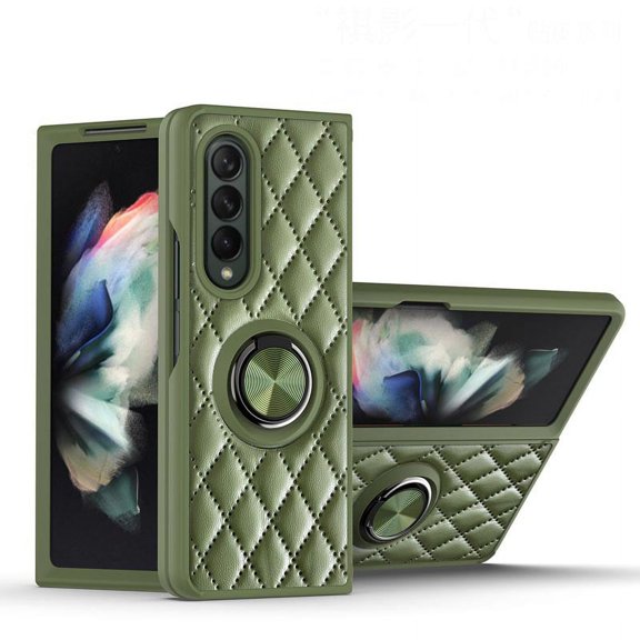 Leather Case for Samsung Galaxy Z Fold 3 with Magnetic Ring Holder Shockproof Full Body Protection Stand Cover-Green