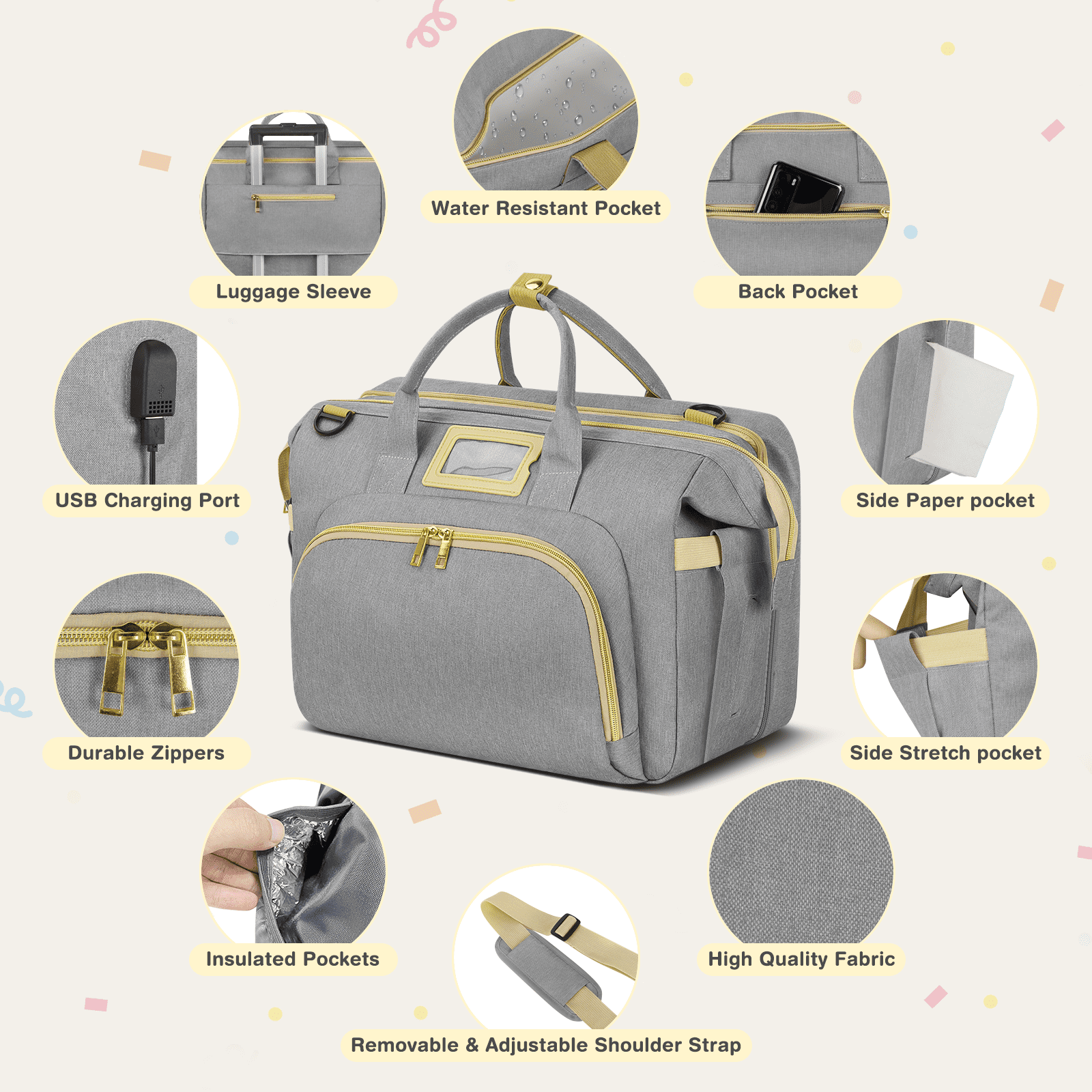 Diaper Bag Tote, Multifunctional Baby Changing Bag with Insulated Milk Bottle Pockets, Large Capacity Travel Backpack W/ USB Charging Port & Stroller Straps, Portable Newborn Baby Bags(Gray)