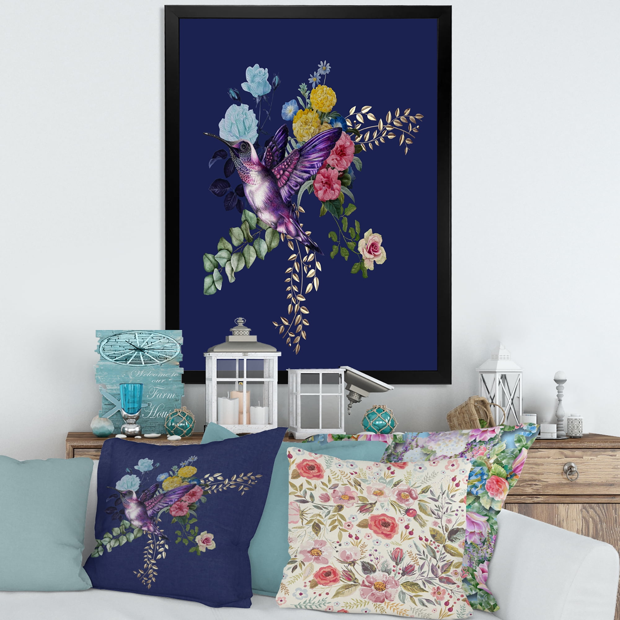 Designart 'Little Bird Sitting On Colourful Bouquet Of Wildflowers I' Traditional Framed Art Print
