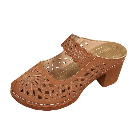 YLYL Women's Sandals Hollow out Closed Toe Chunky Mid Heel Slip on Dressy Casual Summer Slippers