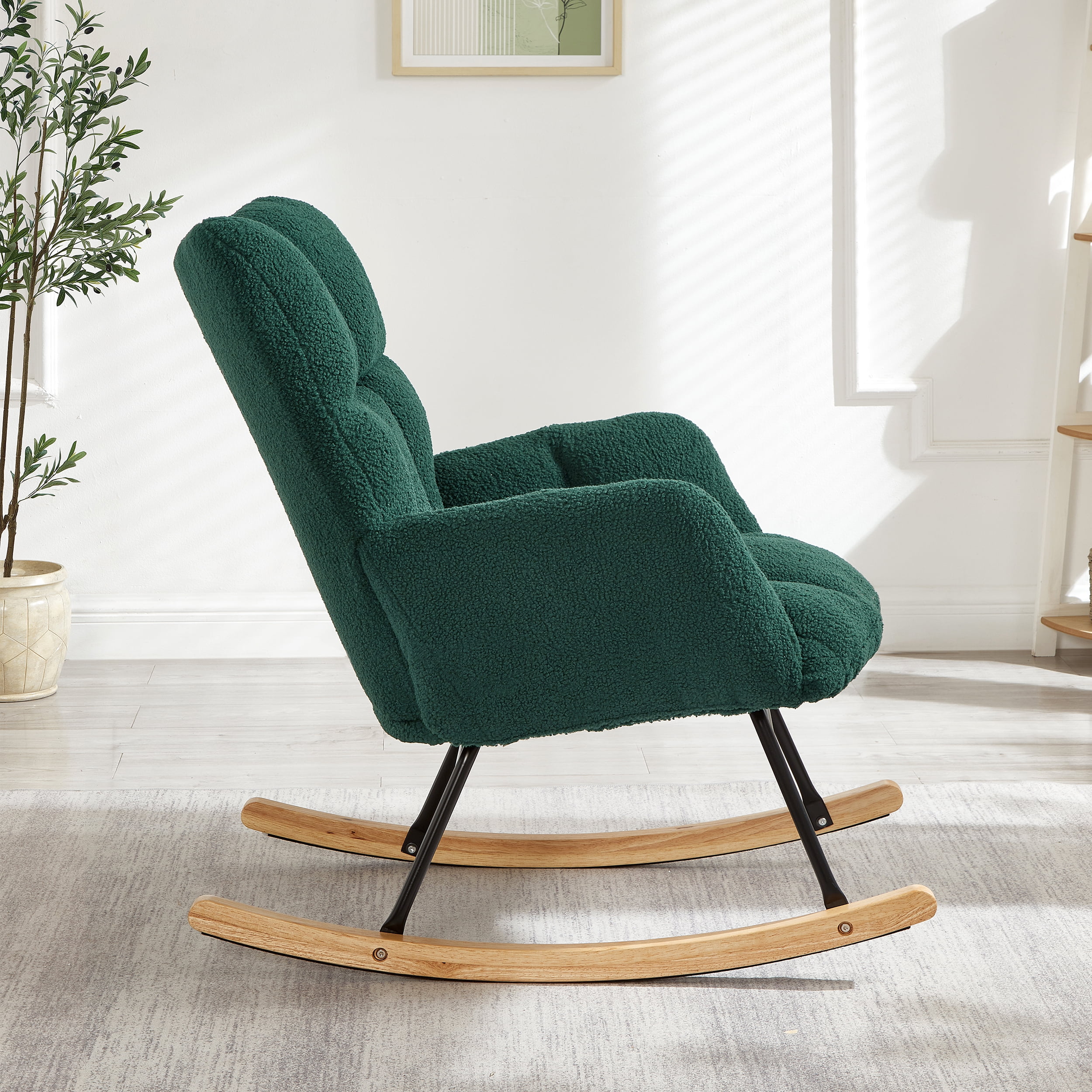 Glider Chair for Living Room, Tufted Upholstered Teddy Fabric Rocking Chair with Ergonomic High Back and Metal Frame, Accent Chair for Nursery and Bedroom, Green
