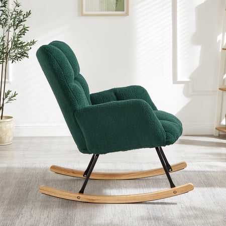 Glider Chair for Living Room Tufted Upholstered Teddy Fabric Rocking Chair with Metal Frame Accent Chair Green