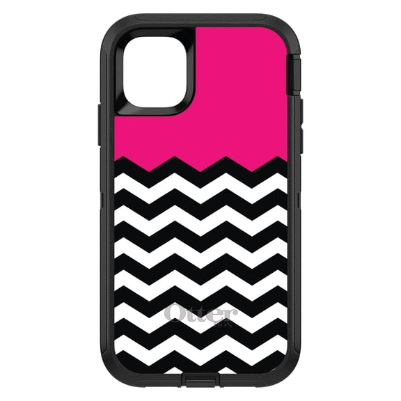 DistinctInk OtterBox Defender Custom Case for Apple iPhone 15 (6.1" Screen) - Black & White Chevron Stripes Pattern - Wireless Charging Compatible