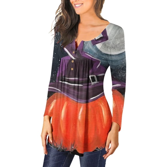 Sexy Halloween Costumes for Women V-neck Open Button Pullover Halloween Printed Long Sleeved Casual Blouse Tank Tops for Women 2023 on Clearance