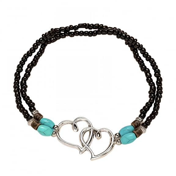 DESIGNICE Beaded Ankle Bracelet for Women Double Layered Elastic Beaded Anklet Bracelets Double Hollow Hearts Anklet Boho Turquoise Foot Bracelet Summer Beach Jewelry Gift for Women