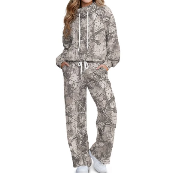 Glofpot Women Turtleneck Long Sleeve Set, Women 2 Piece Outfit, Ladies Drawstring High Waist Wide Leg Pants Loungewear Set With Pockets Casual Sweat Suit For Daily Wear Travel Outing, Tree Camo