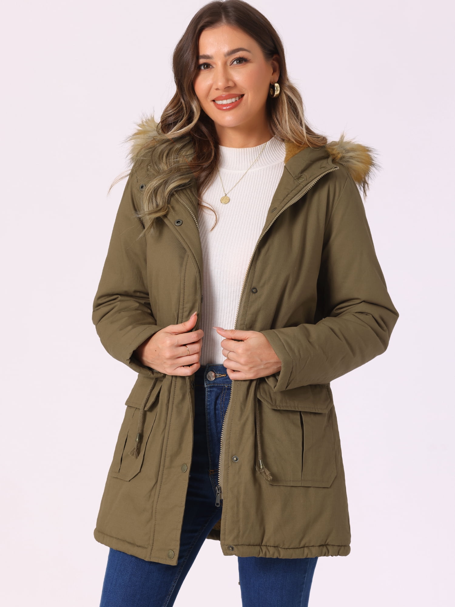 Unique Bargains Women Windproof Winter Parka Puffer Coat with Faux Fur Hood 2XL Khaki